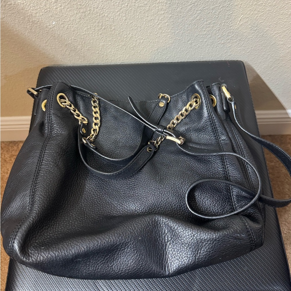 Michael Kors Black Leather Shoulder Bag with Gold Chain
